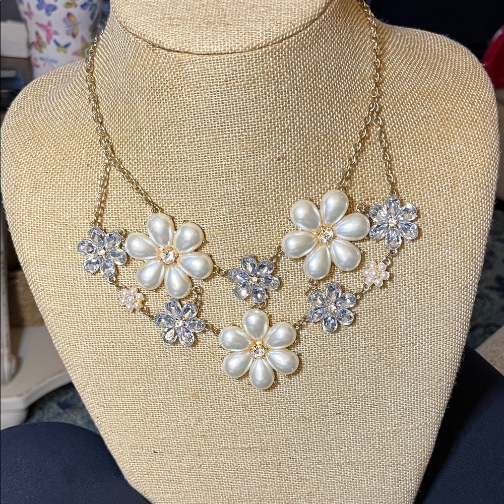 Faux Pearl and Rhinestone Floral‎ Necklace